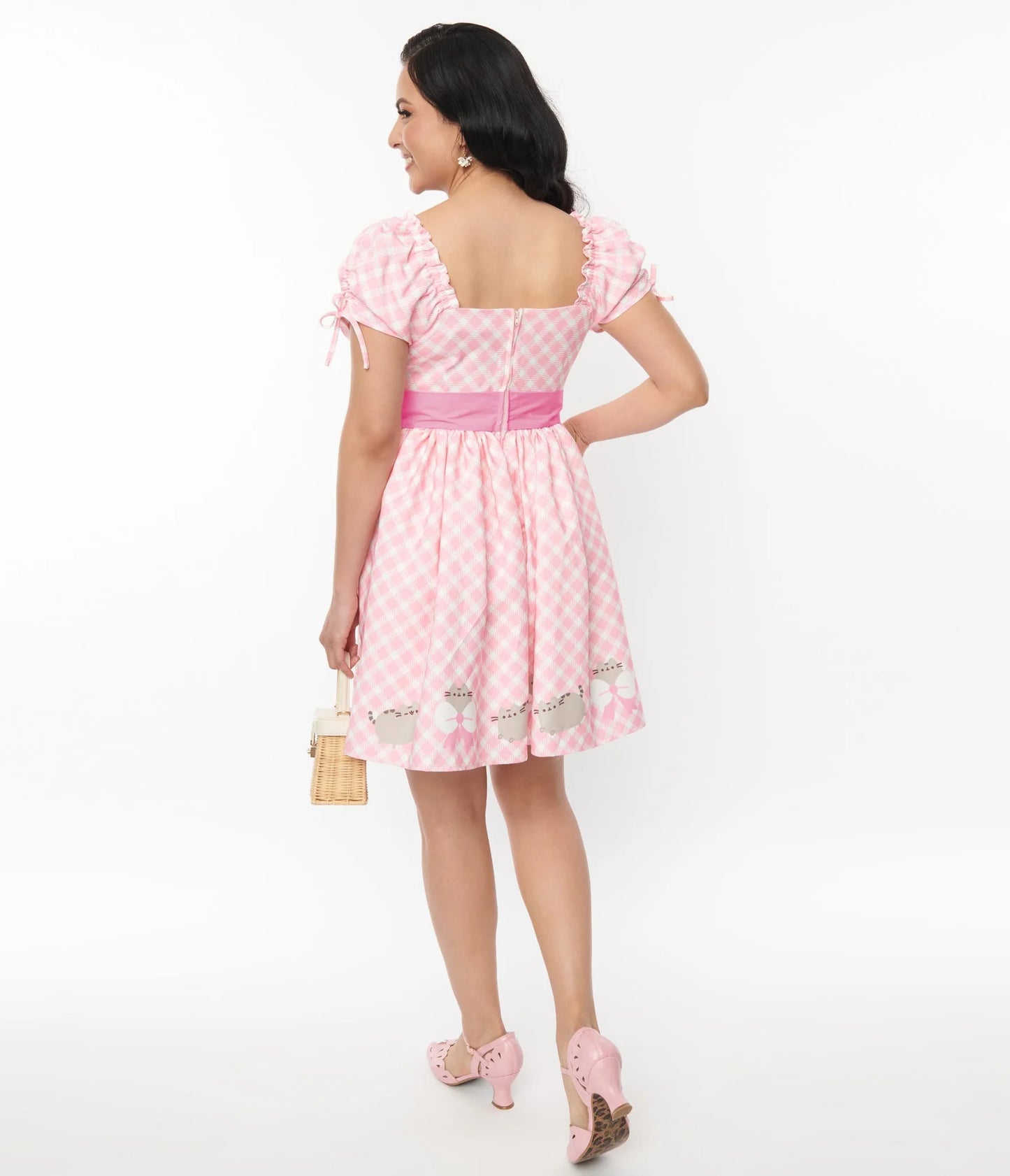 PUSHEEN X UNIQUE VINTAGE PUSHEEN PINK GINGHAM DAKOTA FLARE DRESS