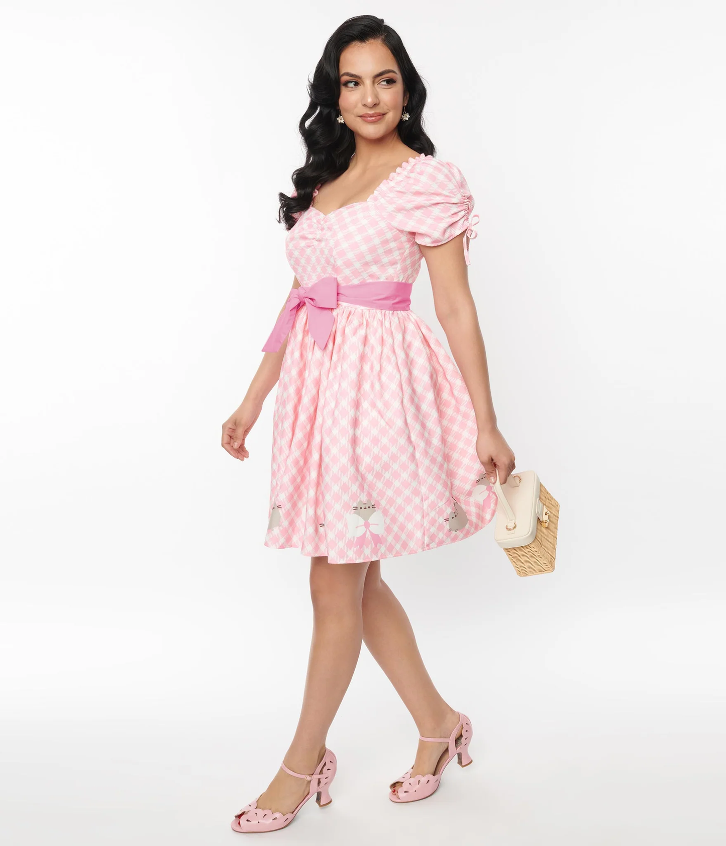 PUSHEEN X UNIQUE VINTAGE PUSHEEN PINK GINGHAM DAKOTA FLARE DRESS