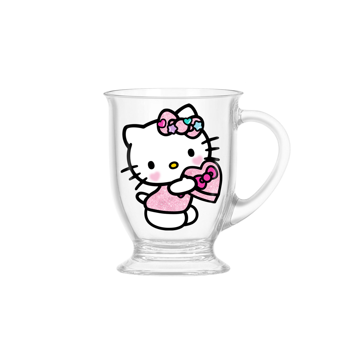 HELLO KITTY CANDY HEARTS GLITTER 15OZ FOOTED BASE GLASS MUG