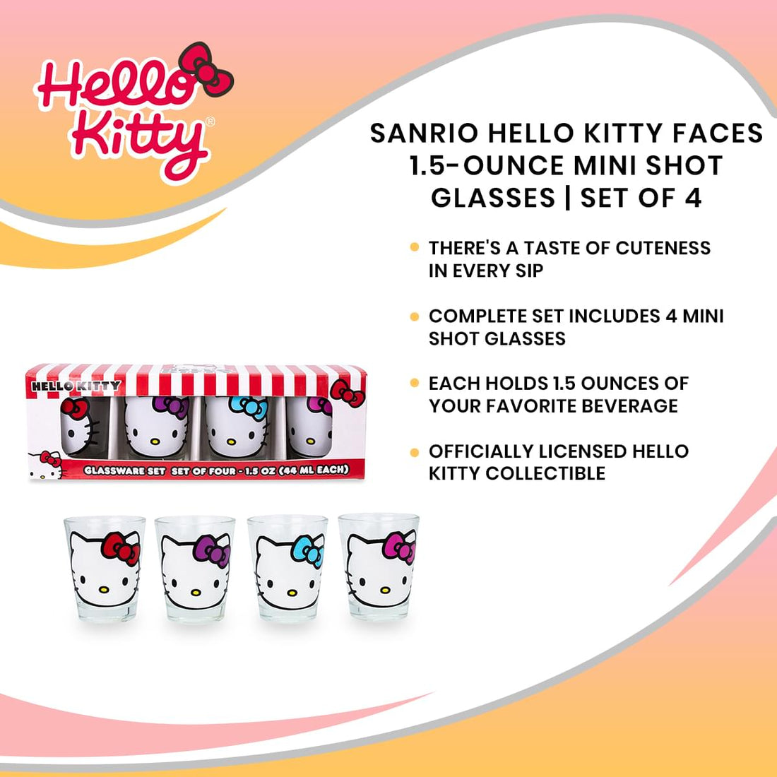 HELLO KITTY FACES AND BOWS 4PC. 1.5OZ. MINI GLASS SET