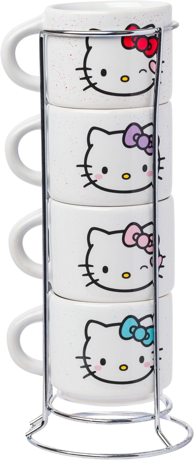 HELLO KITTY BOWS 3OZ STACKABLE CERAMIC ESPRESSO MUG 4PC SET WITH STORAGE RACK