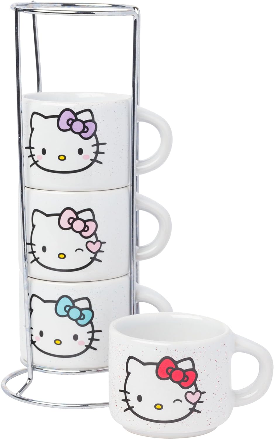 HELLO KITTY BOWS 3OZ STACKABLE CERAMIC ESPRESSO MUG 4PC SET WITH STORAGE RACK