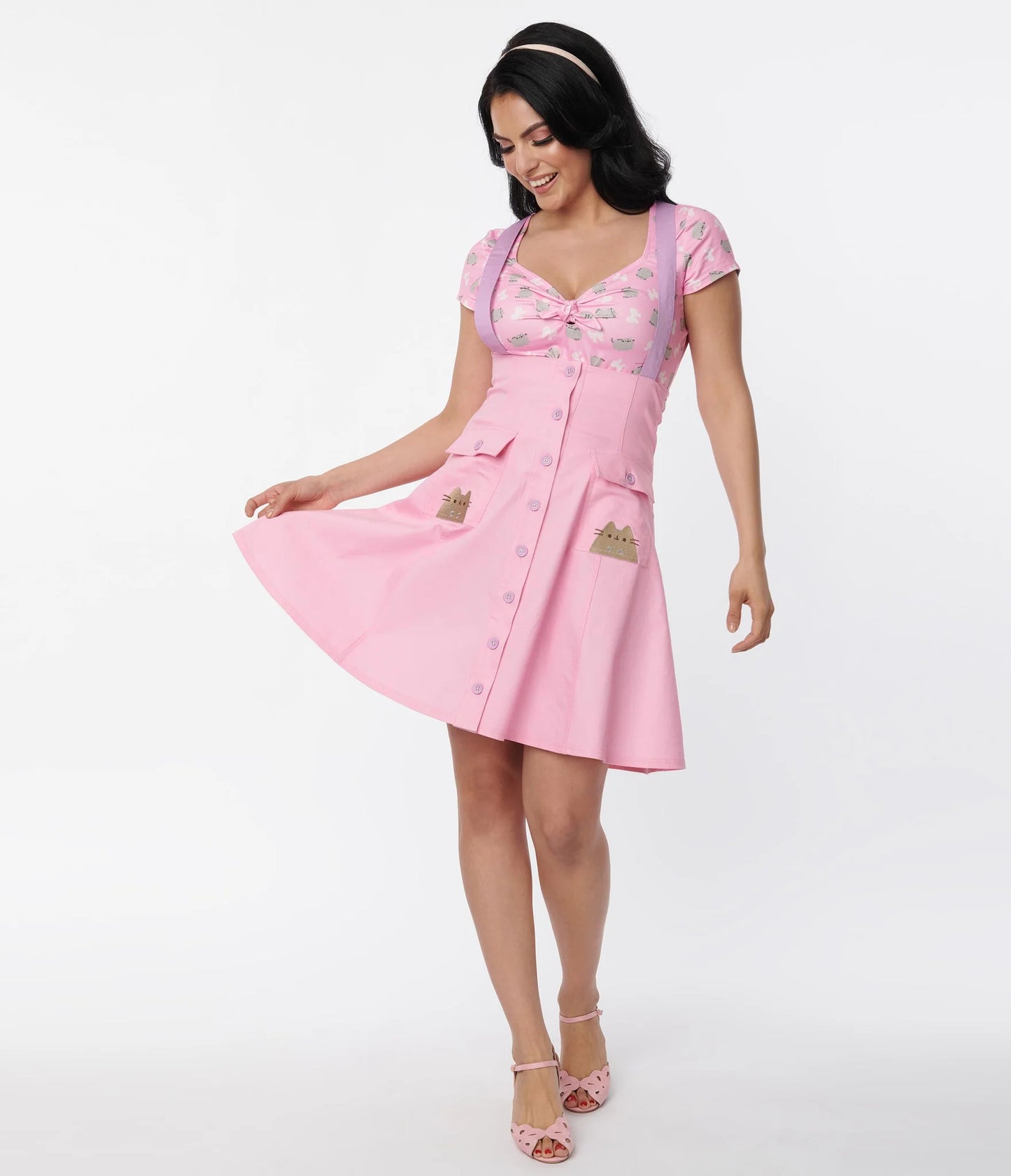 PUSHEEN X UNIQUE VINTAGE PINK PUSHEEN SUSPENDER FLARE SKIRT