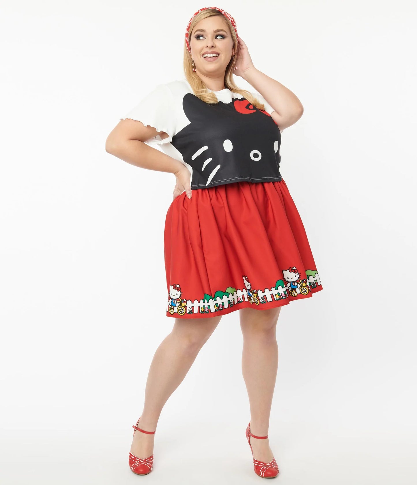 HELLO KITTY X SMAK PARLOUR PLUS SIZE RED BICYCLE BORDER PRINT MINI SKIRT