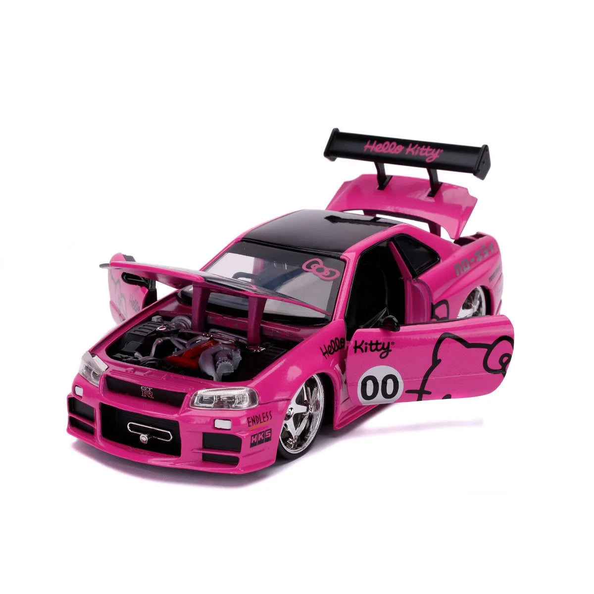 HELLO KITTY 2002 NISSAN SKYLINE GT-R R34 1:24 SCALE DIE-CAST METAL VEHICLE WITH FIGURE