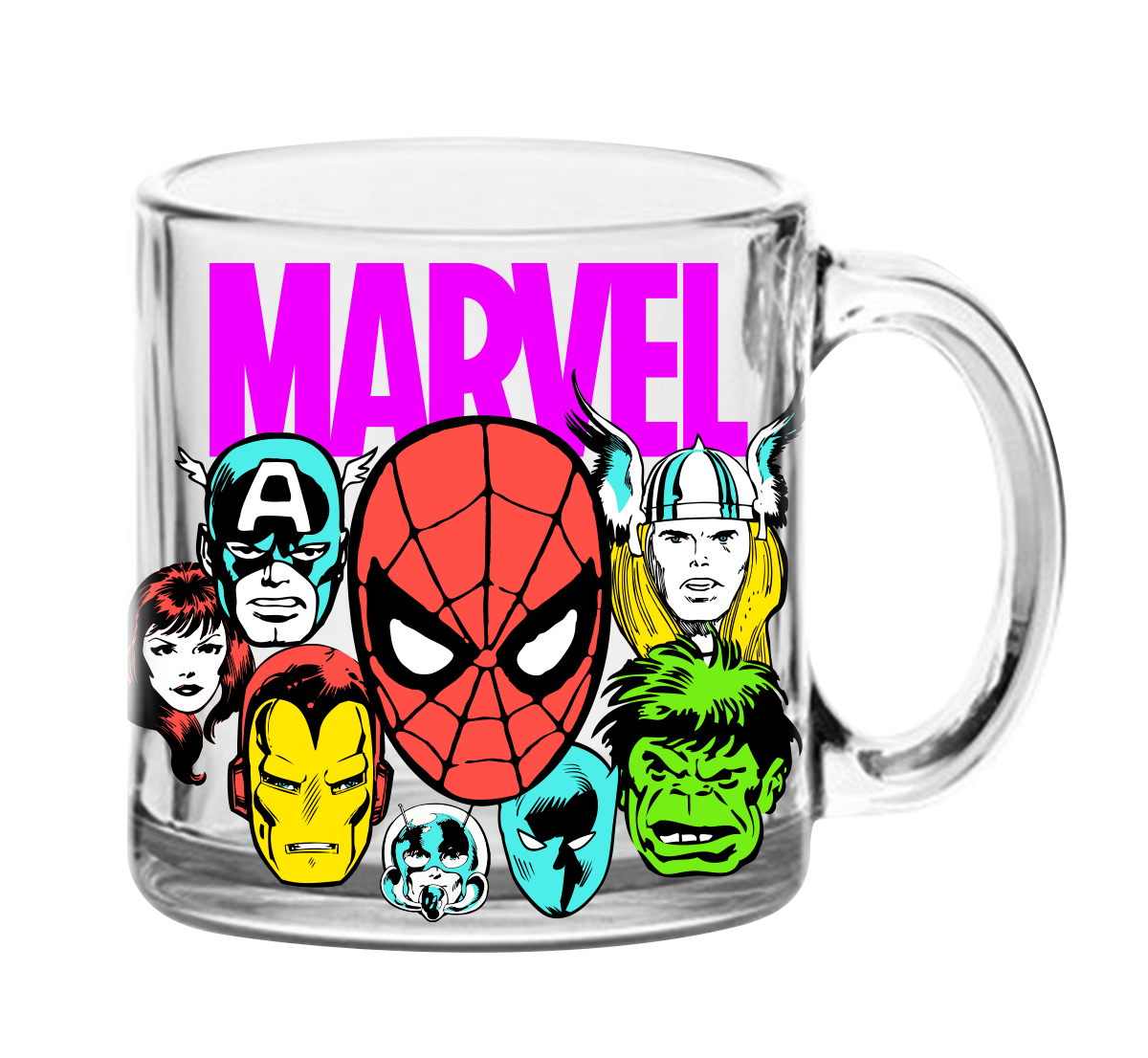 MARVEL COMICS RETRO CHARACTER FACES 17.5 OZ GLASS COFFEE MUG
