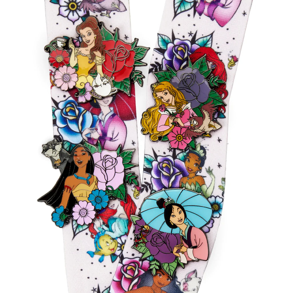 DISNEY PRINCESS FLORAL TATTOO LANYARD WITH CARD HOLDER & 4 PINS