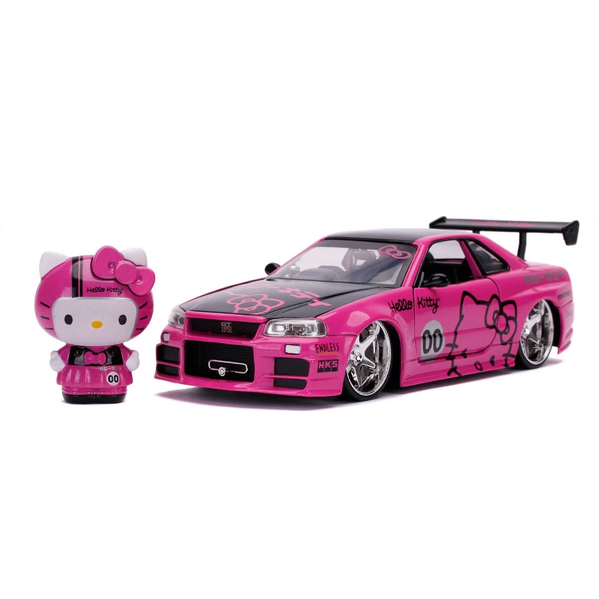 HELLO KITTY 2002 NISSAN SKYLINE GT-R R34 1:24 SCALE DIE-CAST METAL VEHICLE WITH FIGURE
