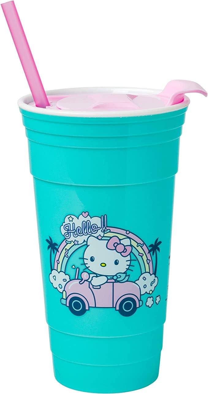 HELLO KITTY RAINBOW CAR 32OZ PLASTIC TUMBLER WITH LID