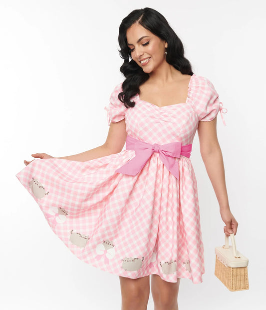 PUSHEEN X UNIQUE VINTAGE PUSHEEN PINK GINGHAM DAKOTA FLARE DRESS