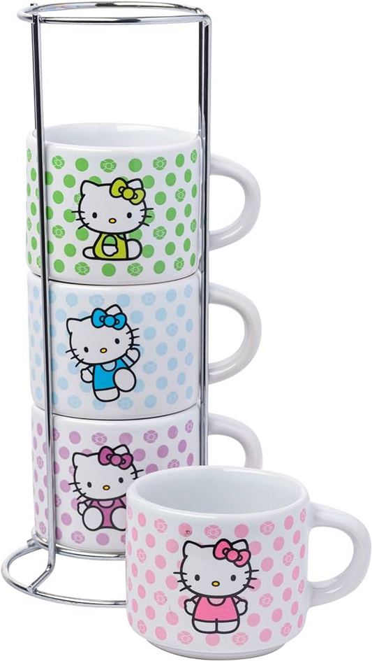 HELLO KITTY POLKA DOTS 4PC 3OZ STACKABLE CERAMIC MUG