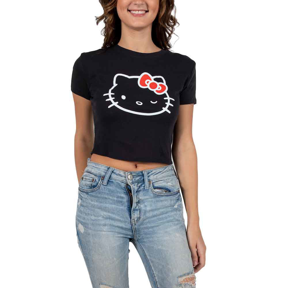 HELLO KITTY FACE OUTLINE BLACK CROPPED JUNIORS TEE
