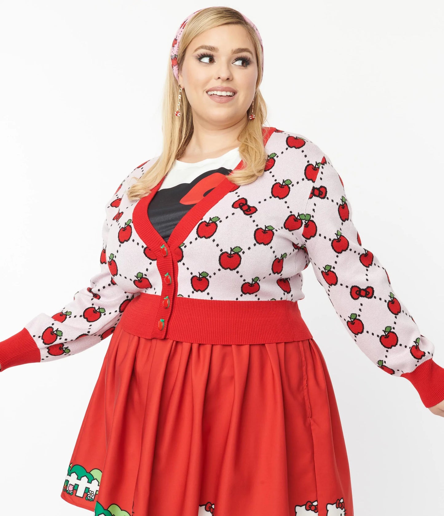 HELLO KITTY X SMAK PARLOUR PLUS SIZE PINK & RED APPLE CARDIGAN