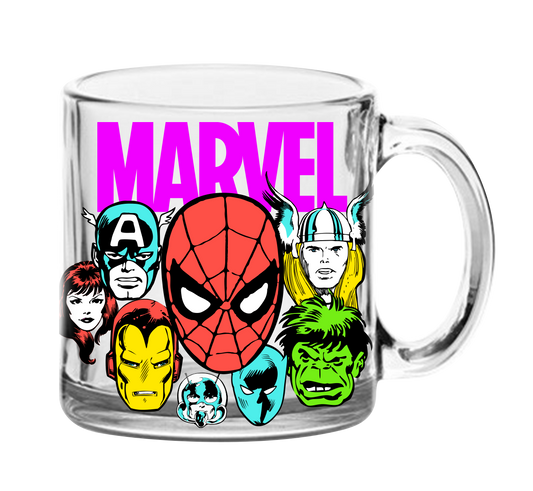 MARVEL COMICS RETRO CHARACTER FACES 17.5 OZ GLASS COFFEE MUG