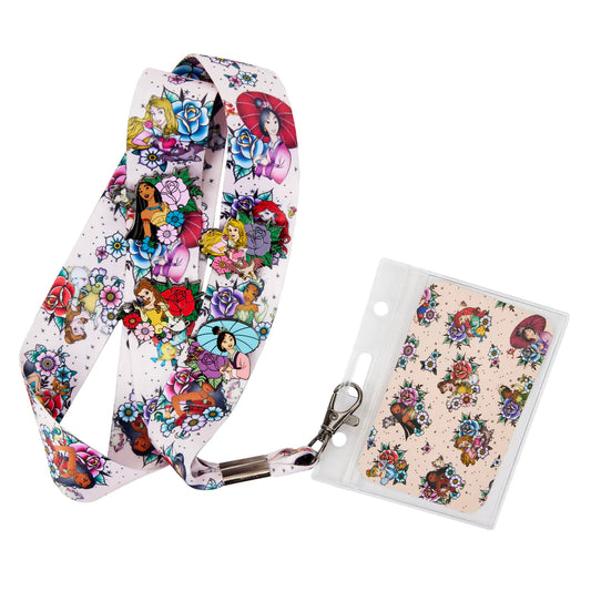 DISNEY PRINCESS FLORAL TATTOO LANYARD WITH CARD HOLDER & 4 PINS
