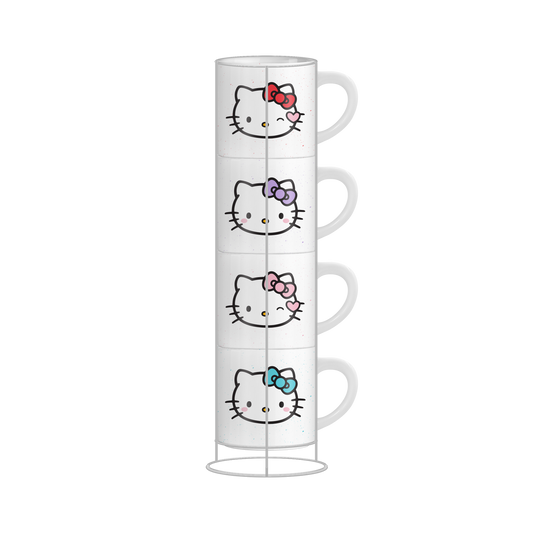 HELLO KITTY BOWS 3OZ STACKABLE CERAMIC ESPRESSO MUG 4PC SET WITH STORAGE RACK